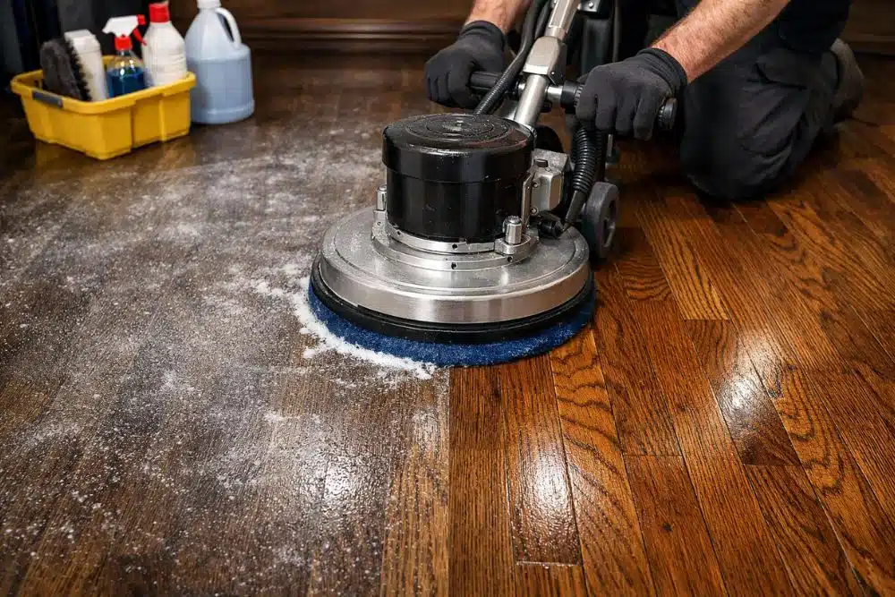 Professional hardwood floor wax removal in Issaquah WA, showing a technician using a scrubbing machine to restore a dark oak floor.