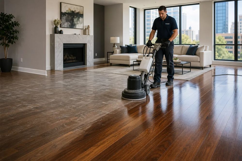 A professional technician performing hardwood floor wax removal in a modern Lynnwood WA home, showcasing a beautifully restored floor.