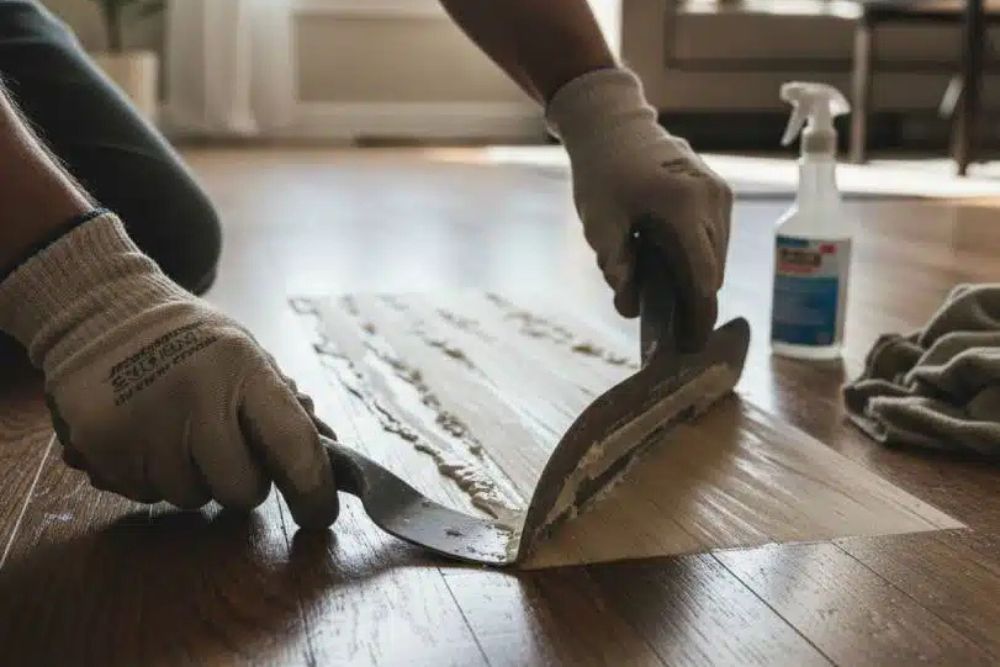 Professional hardwood floor wax removal Mercer Island service using specialized tools to strip old buildup and restore wood grain.
