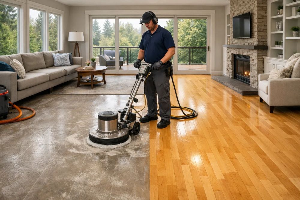 Professional using a floor scrubbing machine for hardwood floor wax removal in a Seattle, WA living room.