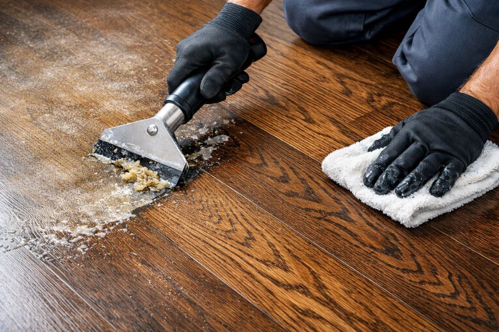 Close-up of a professional technician performing hardwood floor wax removal in Seattle, WA, revealing clean wood underneath.