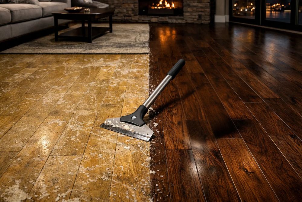 Before and after comparison of hardwood floor wax removal in Tacoma, WA, showing a dramatic restoration.