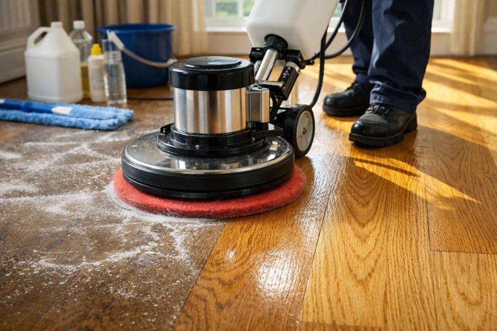Professional technician performing hardwood floor wax removal in Tacoma, WA, using a buffer to restore a dull oak floor.