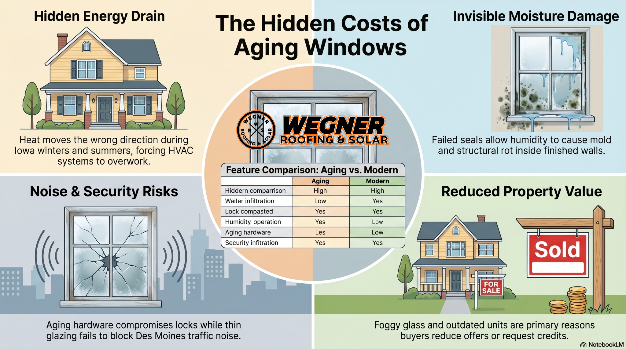 Infographic on the costs of old windows vs Window Replacement Des Moines Iowa by Wegner Roofing & Solar showing energy loss.