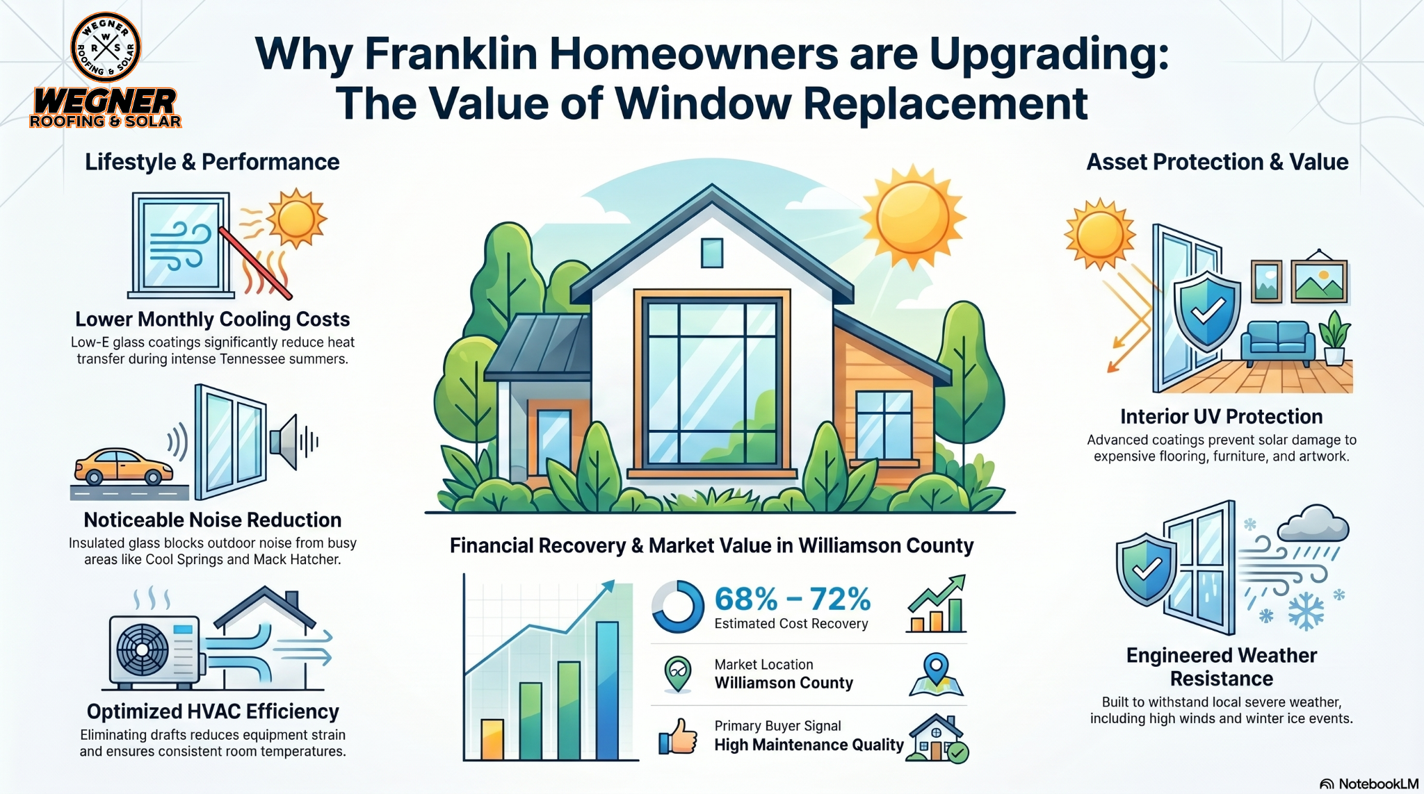 Infographic on Window Replacement Franklin TN by Wegner Roofing & Solar, showing energy savings and 72% cost recovery.