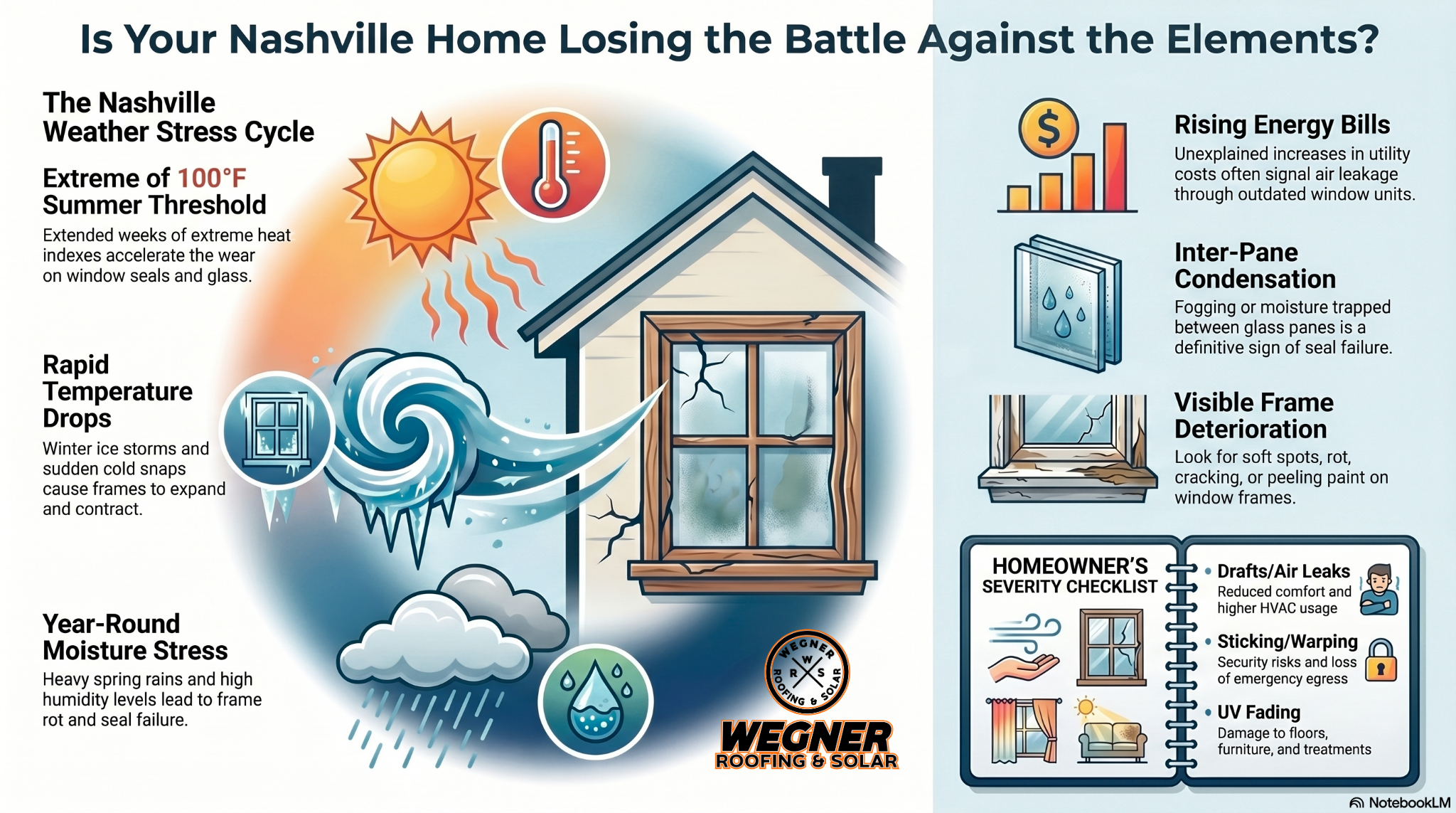 Window Replacement Nashville TN infographic by Wegner Roofing & Solar showing how weather stress damages seals and frames.