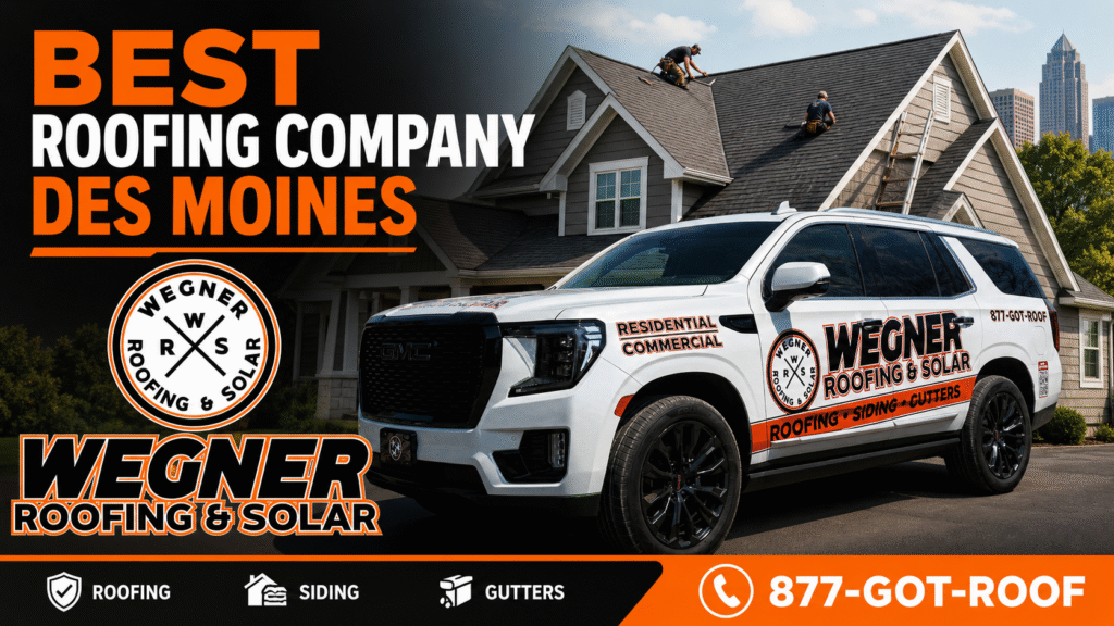 Wegner Roofing & Solar service vehicle at a job site. Best Roofing Company Des Moines for roofing, siding, and gutters.