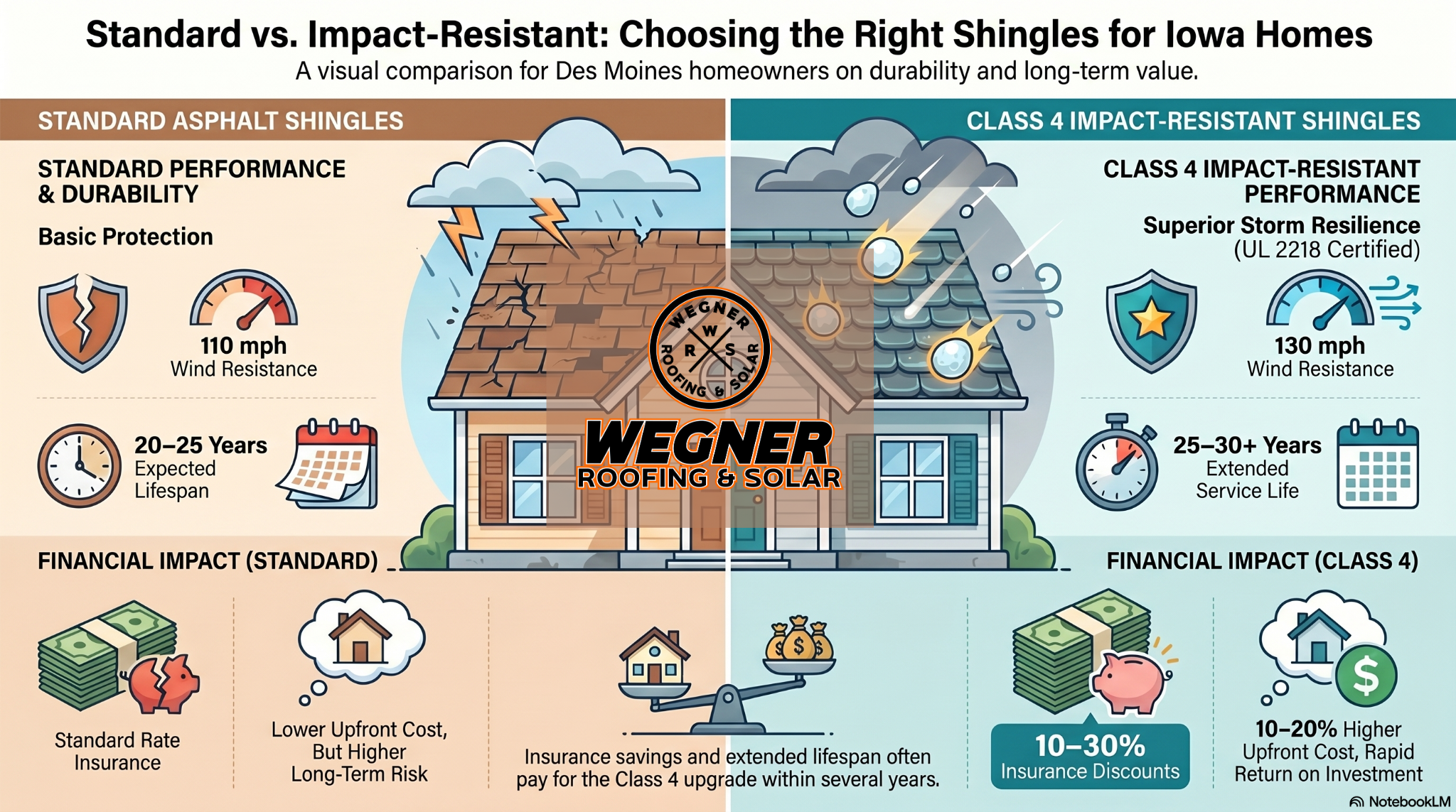 Best Roofing Company Des Moines Wegner Roofing & Solar infographic comparing standard vs. impact-resistant Class 4 shingles.