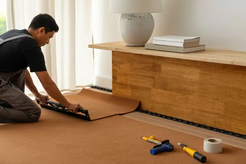 A wide-angle shot of a freshly installed, textured brown carpet in a bright, modern room. The carpet is neatly tucked against a light wood floor perimeter and a large wooden console. The scene is softly lit by natural light from a nearby window with cream-colored curtains.