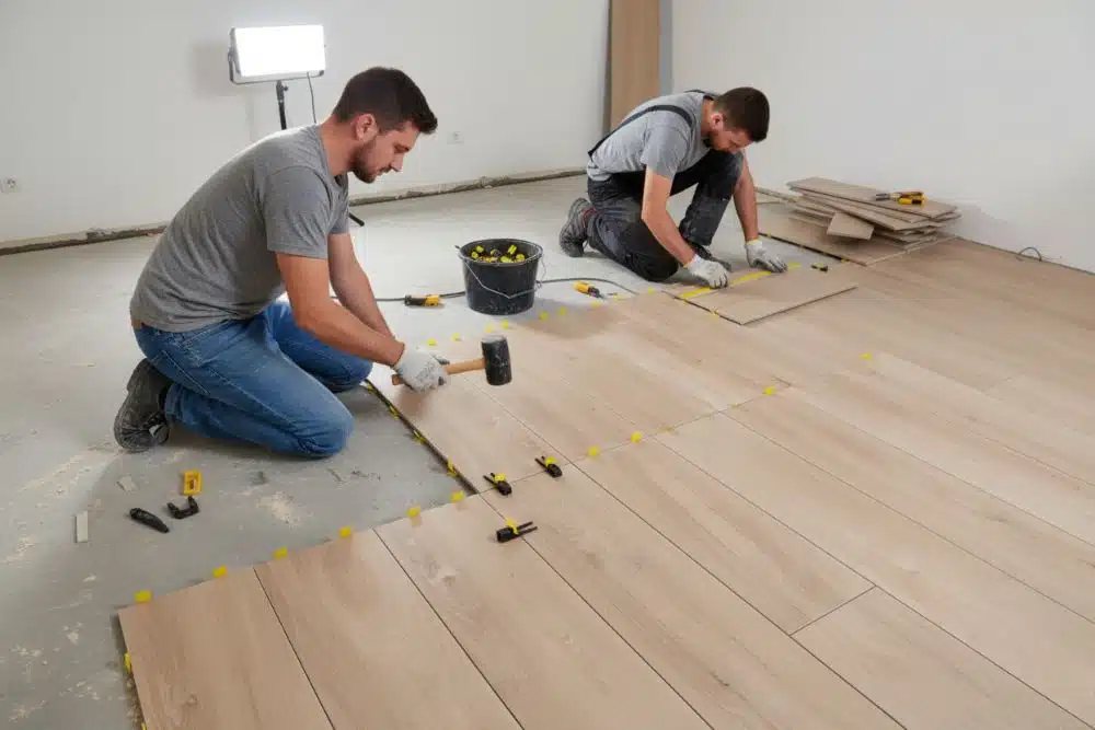 Two flooring contractors performing a Canton, GA LVP installation in a residential room.