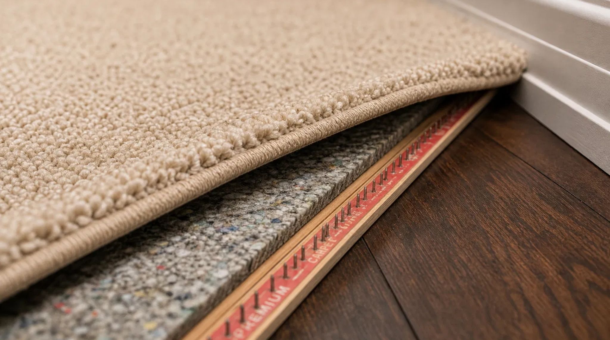 Close-up view of a beige textured Carpet Installation showing the padding and tack strip on a dark walnut hardwood floor.