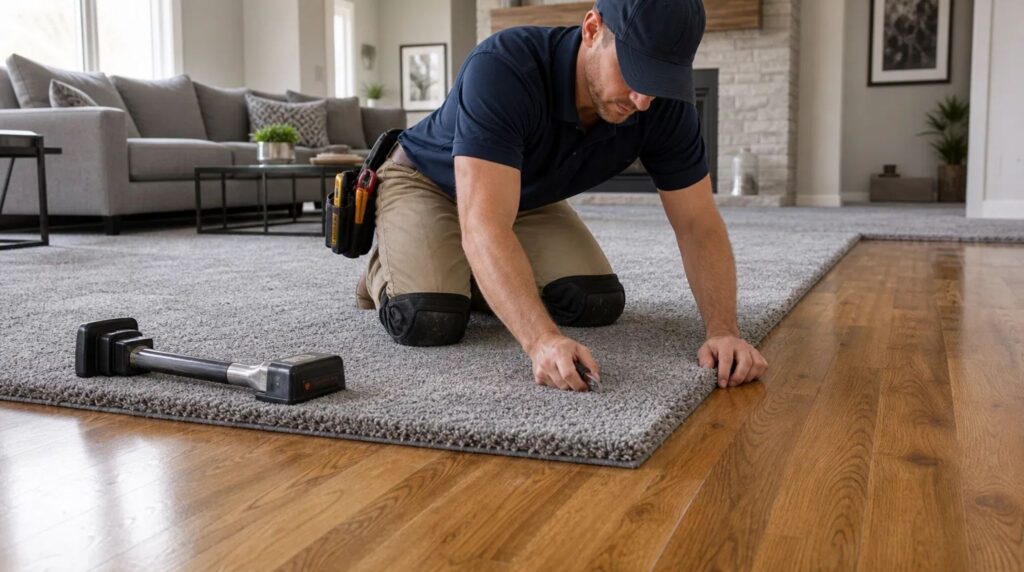 Professional worker performing a plush grey Carpet Installation over a polished oak hardwood floor in a modern living room.