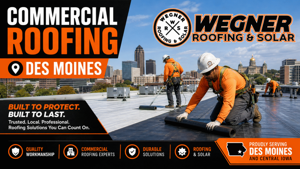 Wegner Roofing & Solar crew installing Commercial Roofing Des Moines with a skyline view. Built to protect and last.