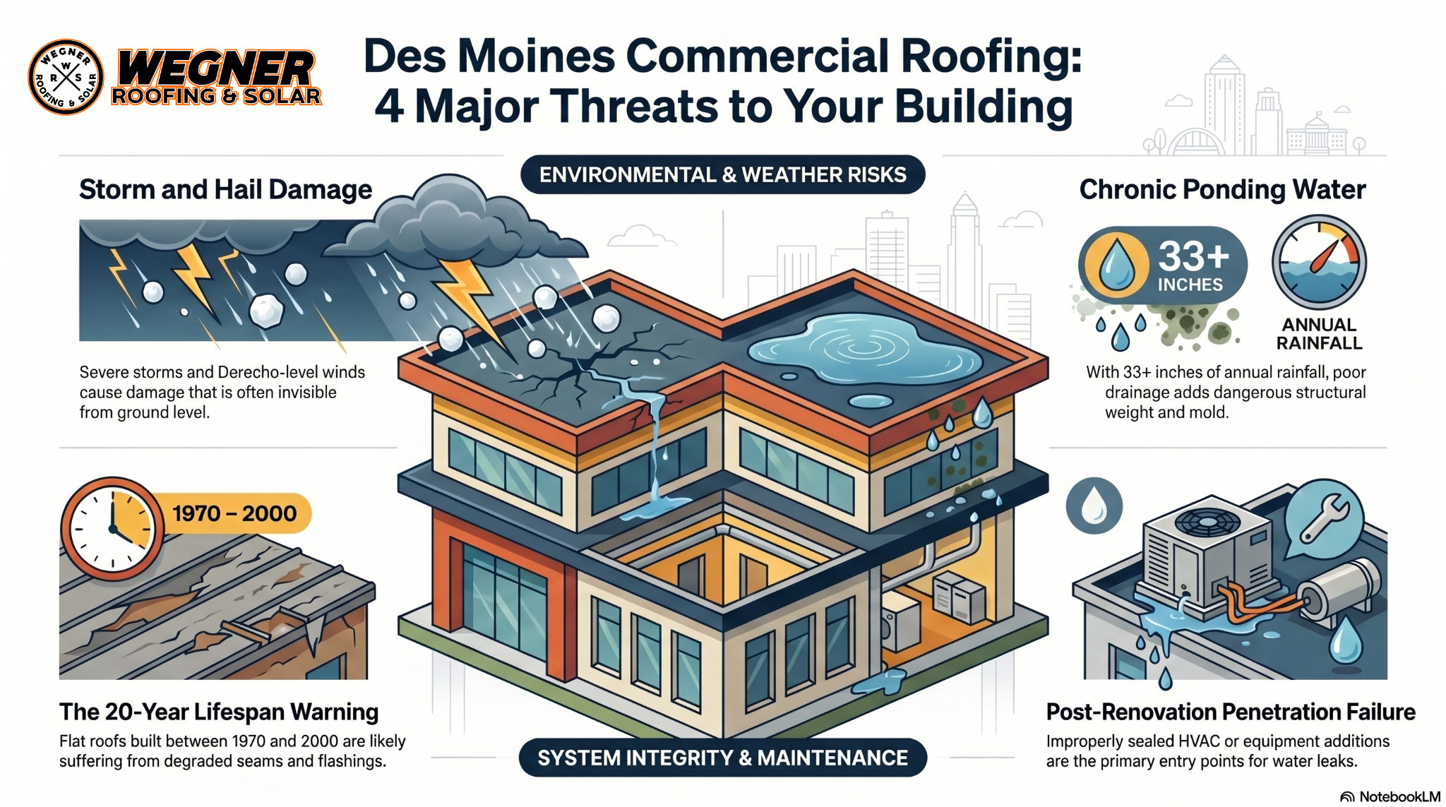Wegner Roofing & Solar infographic on Commercial Roofing Des Moines, showing 4 threats like hail and ponding water.