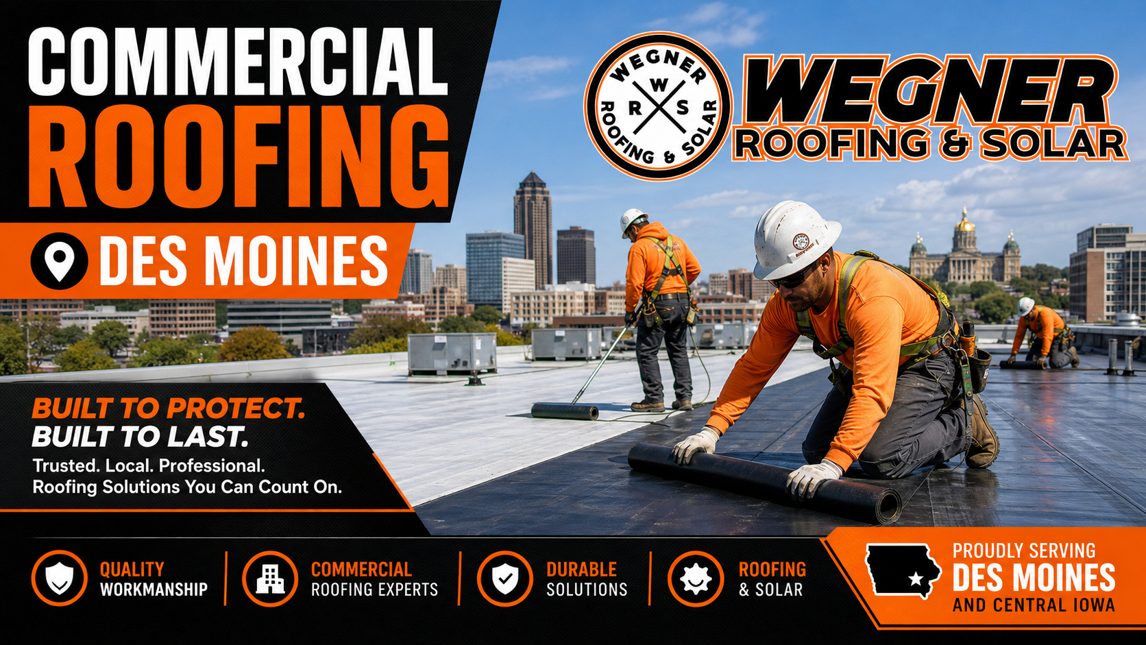 Wegner Roofing & Solar crew installing Commercial Roofing Des Moines with a skyline view. Built to protect and last.