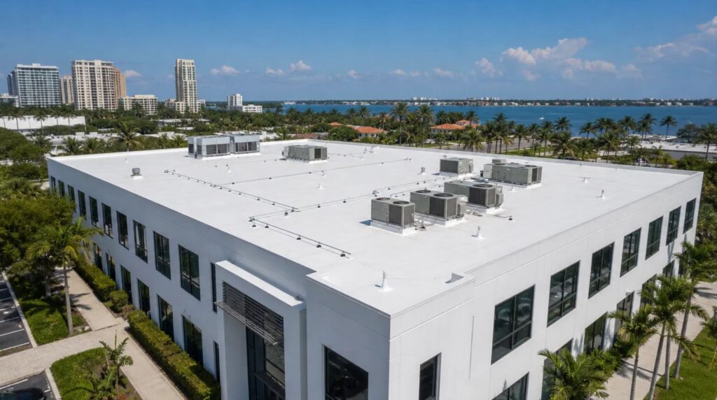 Modern flat roof installation for a commercial building in West Palm Beach, FL, showcasing professional TPO roofing and HVAC systems.
