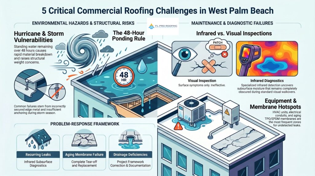 Infographic illustrating 5 critical challenges for Commercial Roofing West Palm Beach, FL, including hurricane vulnerabilities, the 48-hour ponding rule, and infrared diagnostics.