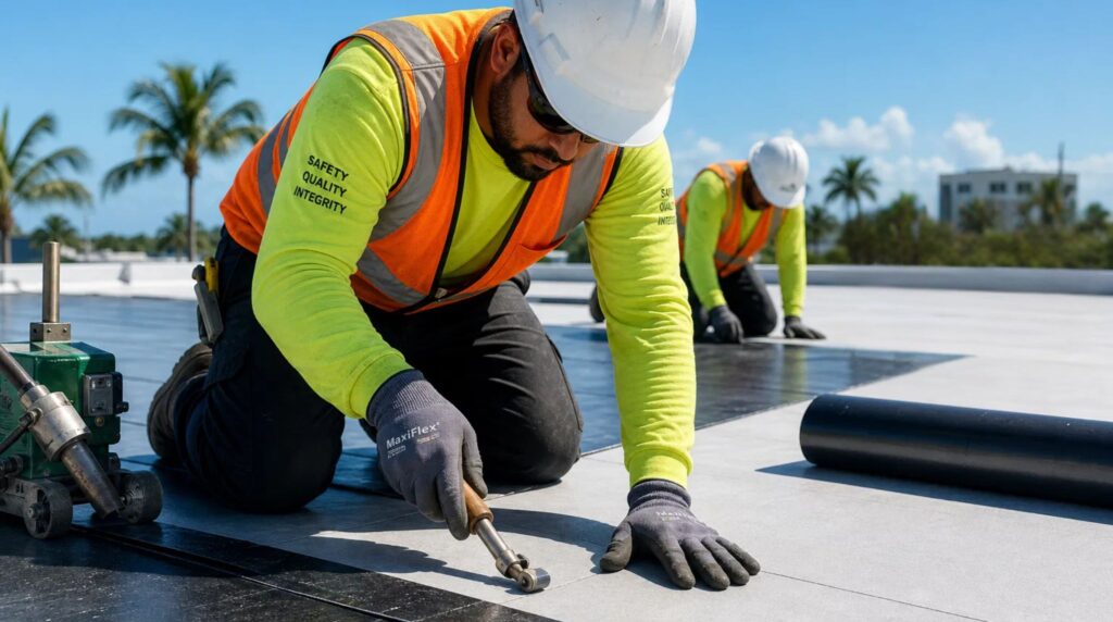 Expert roofing contractors performing a precision installation for a project involving Commercial Roofing West Palm Beach, FL.
