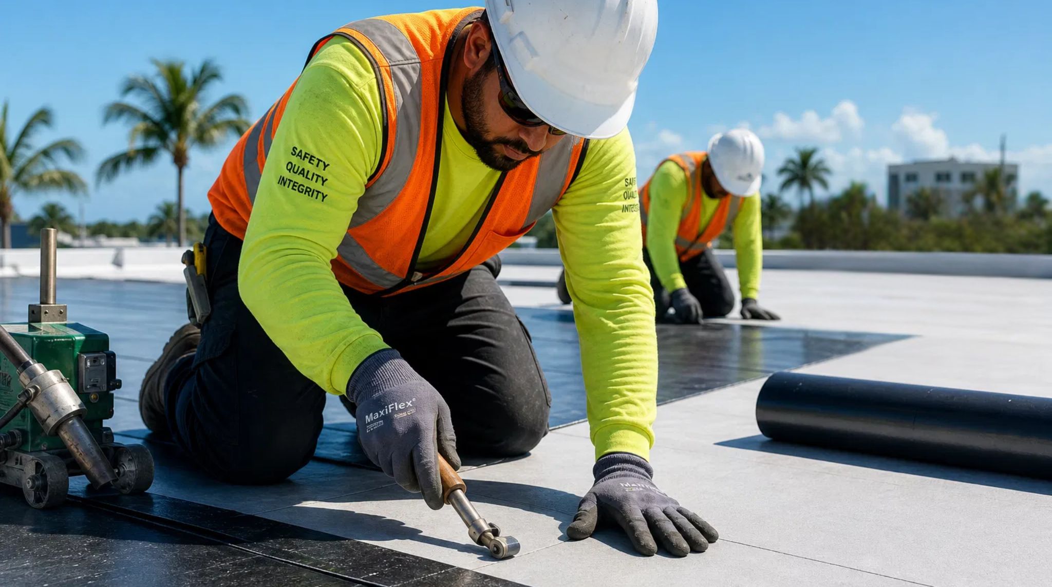 Expert roofing contractors performing a precision installation for a project involving Commercial Roofing West Palm Beach, FL.