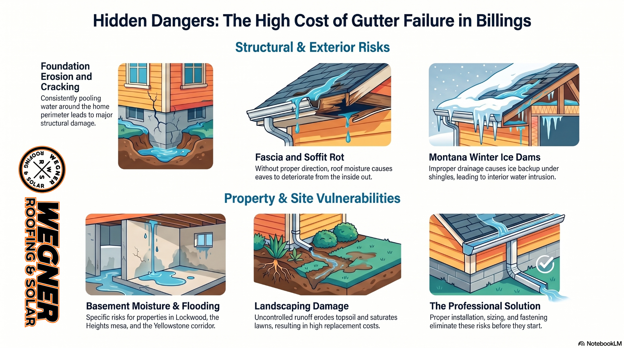 Gutter Installation Billings MT by Wegner Roofing & Solar: Infographic showing risks of gutter failure like foundation rot.