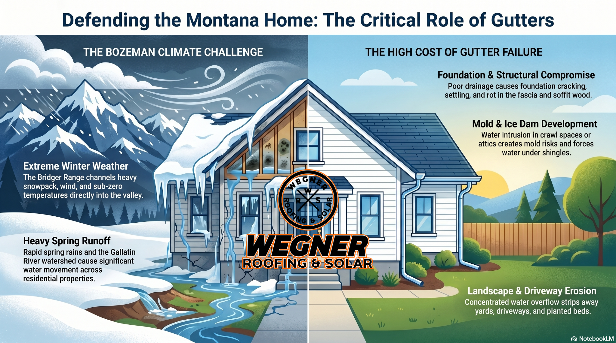 Infographic on Gutter Installation Bozeman MT by Wegner Roofing & Solar showing how gutters protect against winter climate.