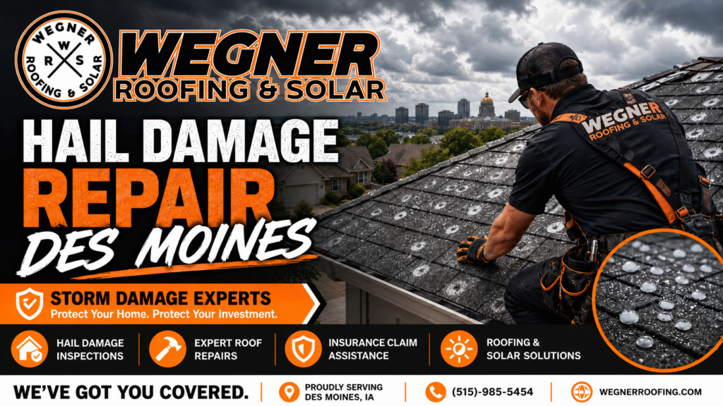 Wegner Roofing & Solar service ad featuring Hail Damage Repair Des Moines on a roof with visible damage, set against a cityscape.