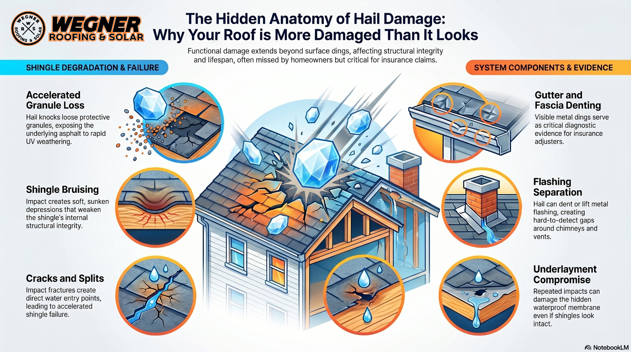 Infographic by Wegner Roofing & Solar on hidden hail damage details for expert Hail Damage Repair Des Moines.