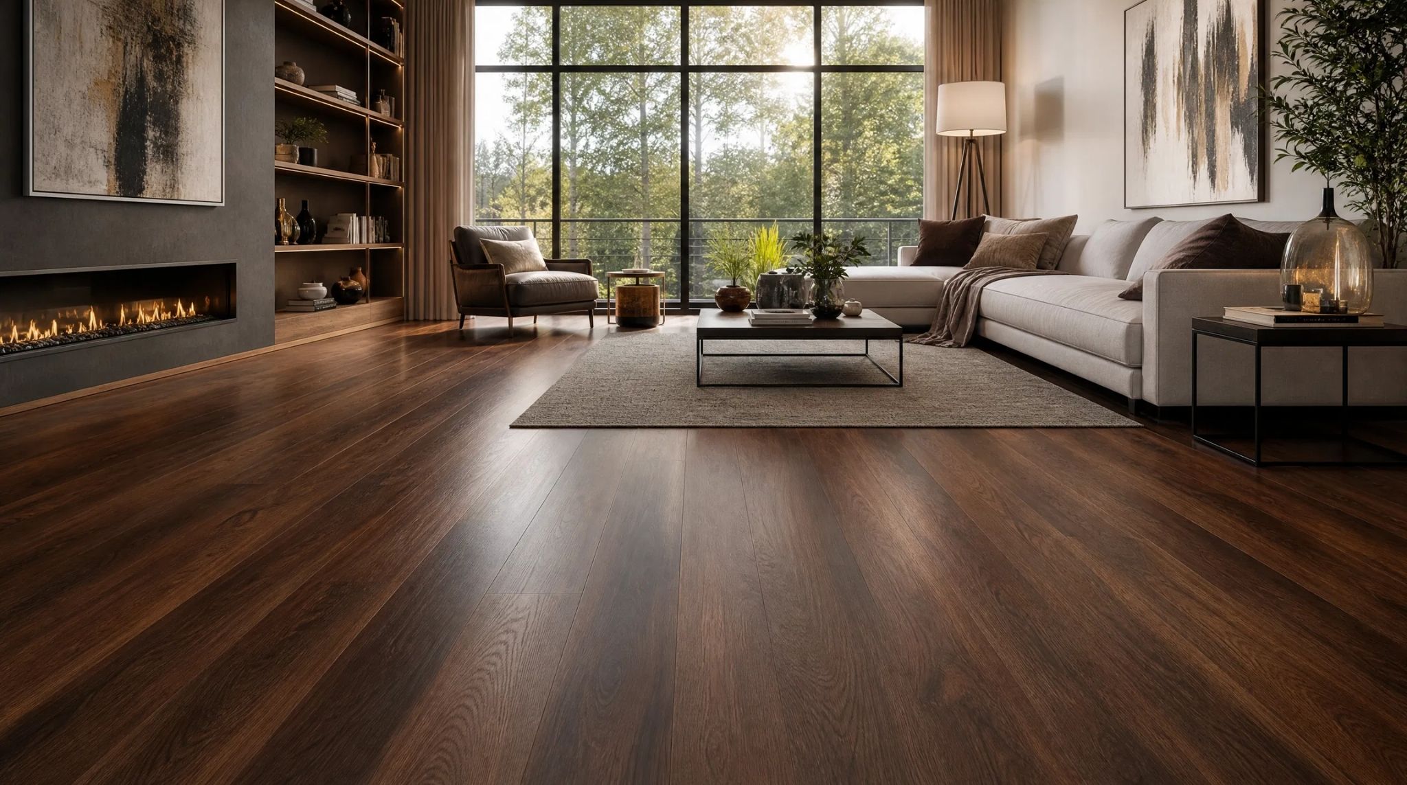 Modern living room featuring a completed LVP Installation with a rich walnut hardwood aesthetic and elegant furniture.