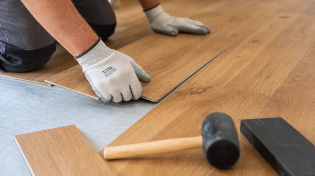 Professional hands performing a precise LVP Installation on a prepared subfloor with specialized flooring tools.