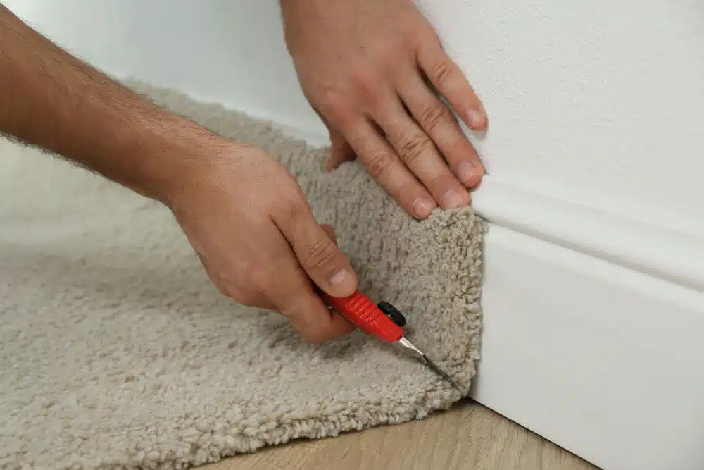 Close-up of hands trimming new beige carpet against a white baseboard, a detail of expert North Atlanta GA Carpet Installation.