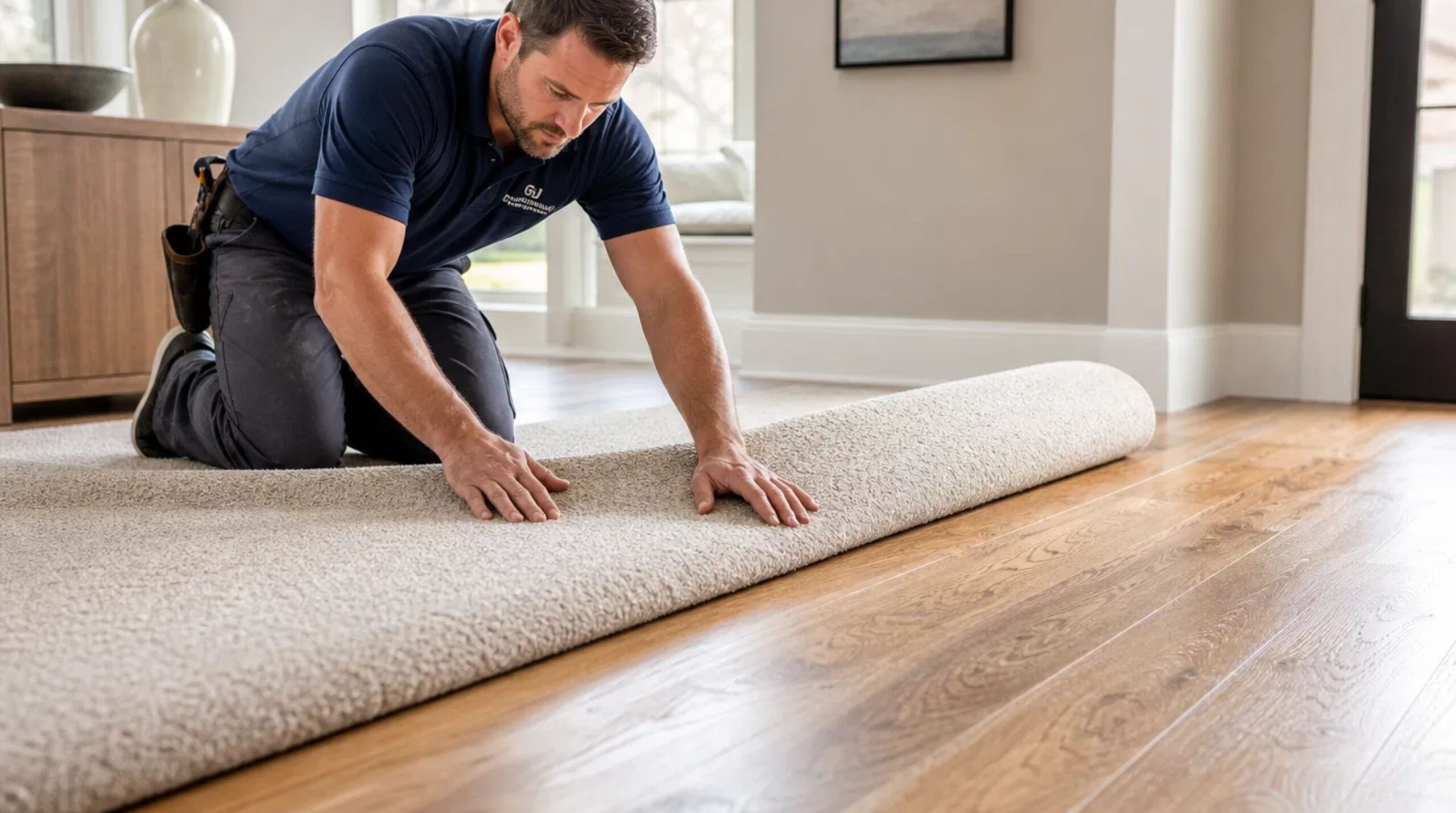 Professional installer performing a North Druid Hills, GA Carpet Installation over a polished hardwood floor.
