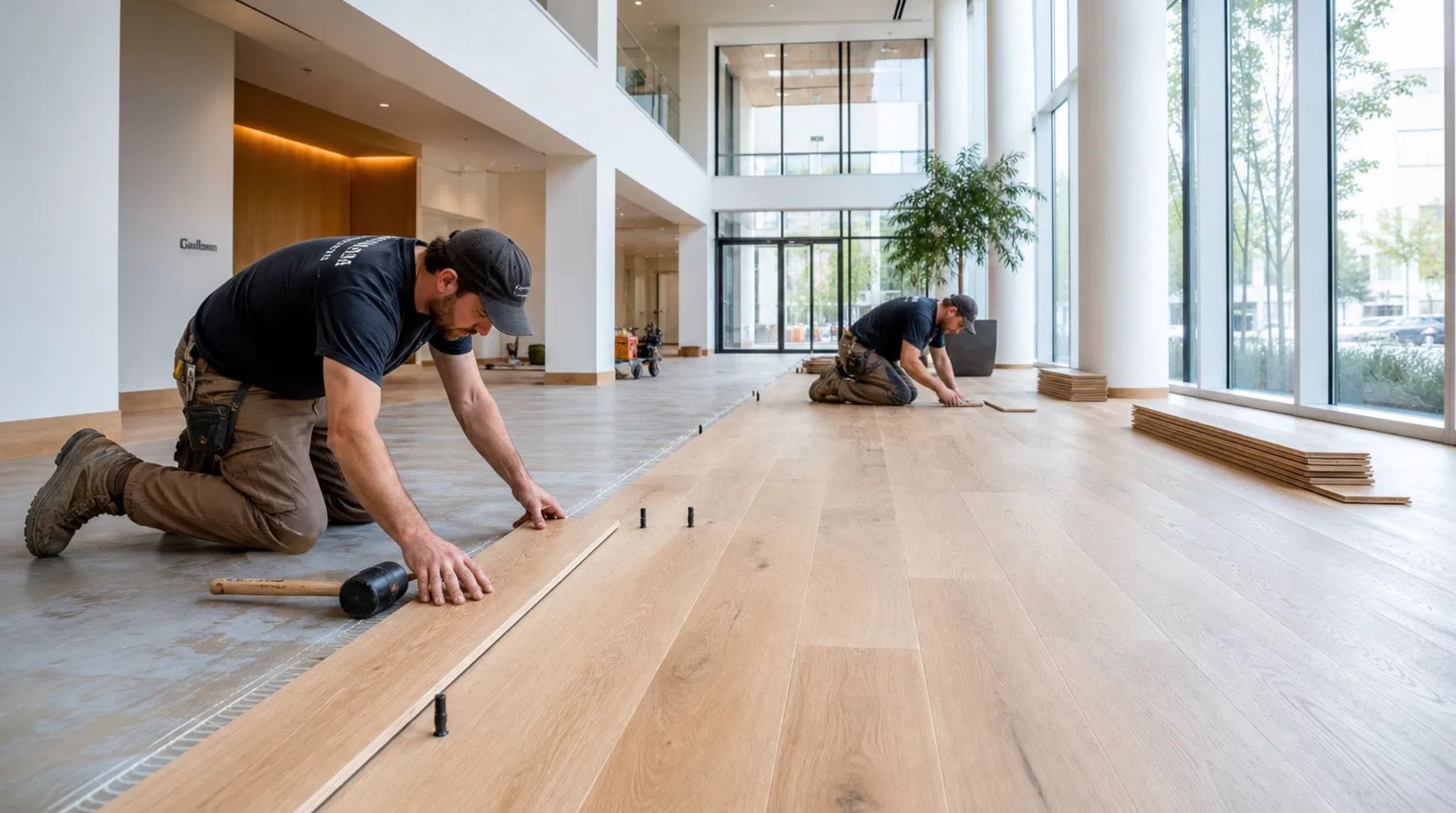 Hardwood floor installation in a commercial lobby in North Druid Hills, GA.