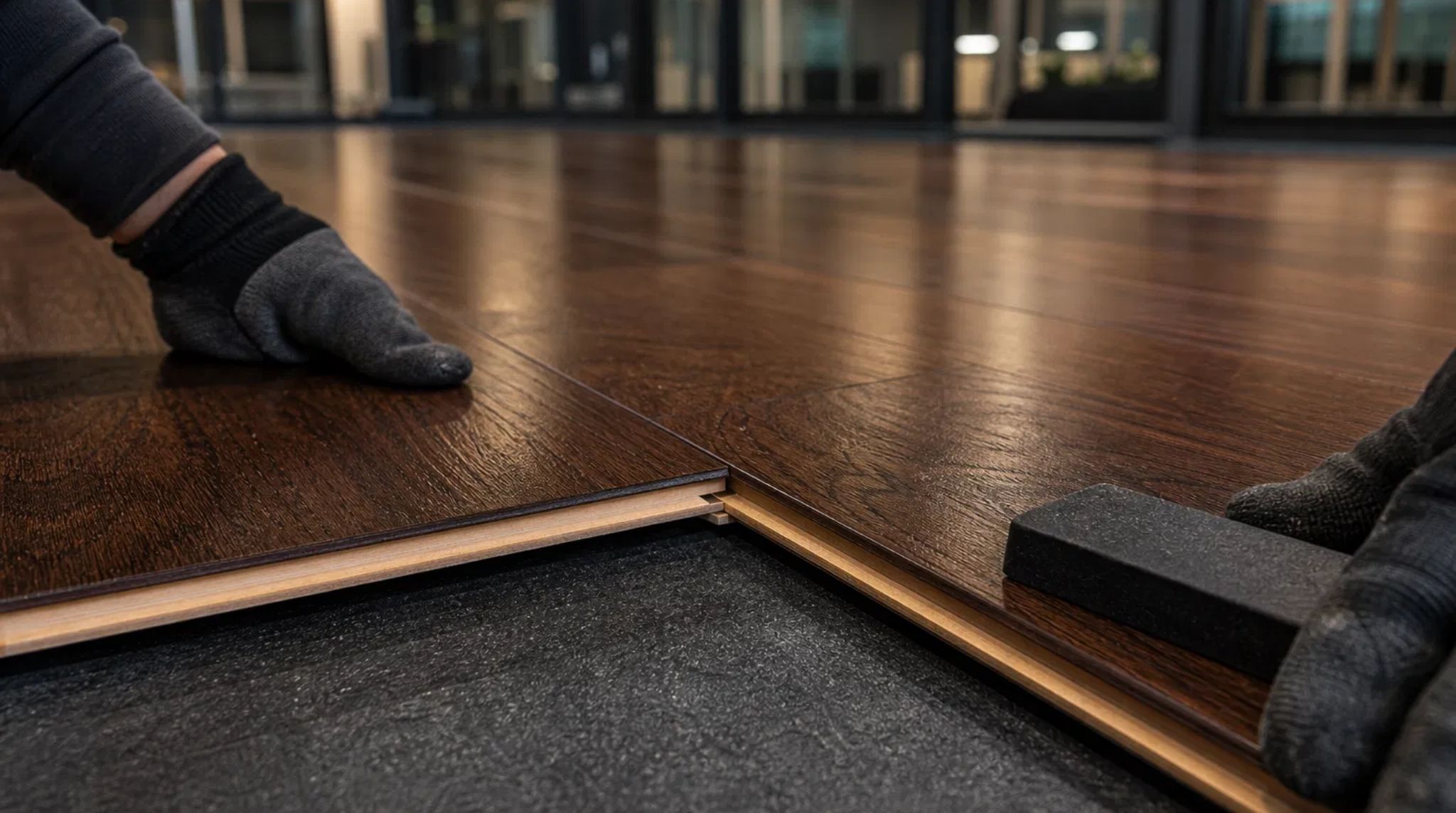 Close-up of hardwood floor plank installation for commercial use in North Druid Hills, GA.
