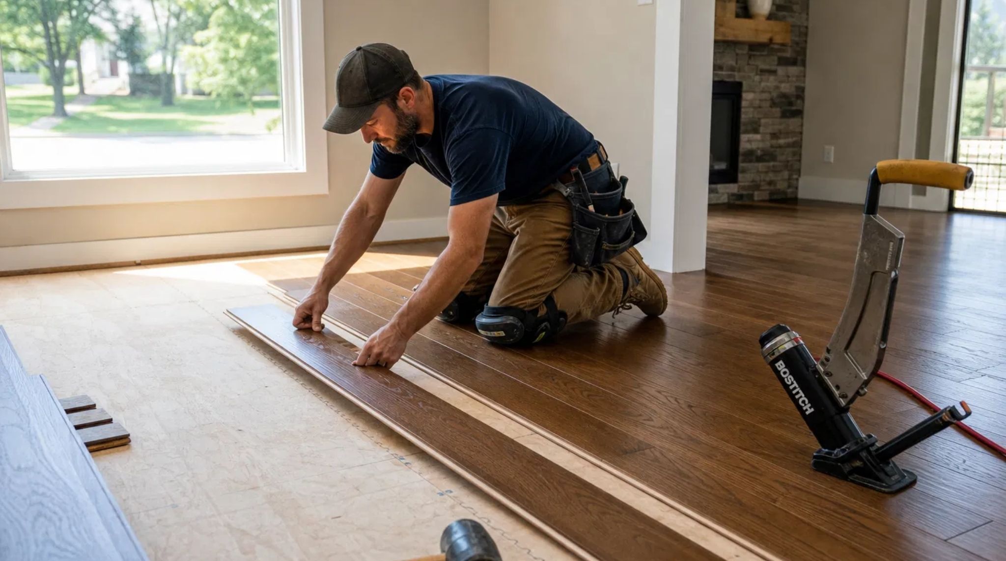 Professional North Druid Hills, GA Hardwood Floor Installation in progress showing a skilled contractor laying oak planks in a modern home.