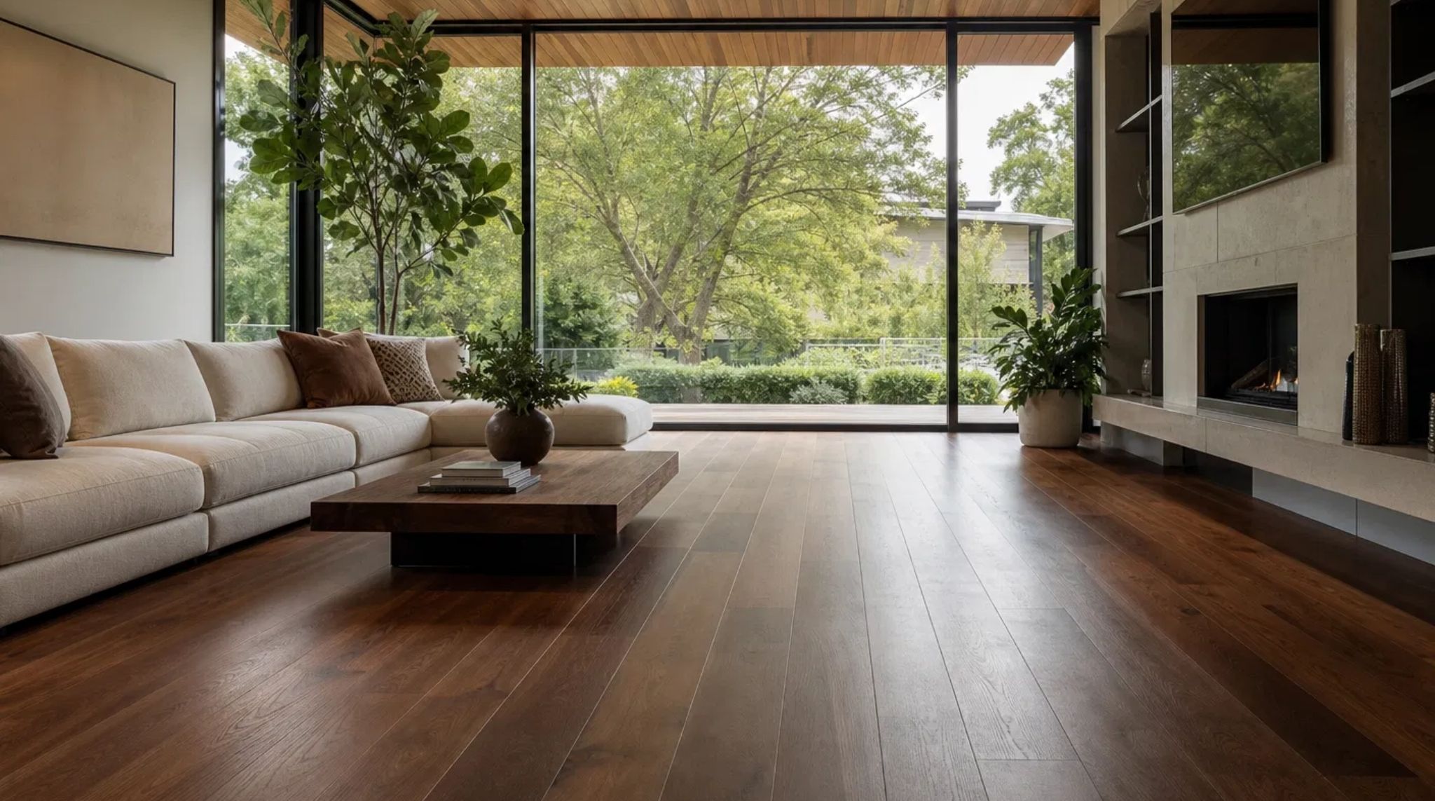 Completed North Druid Hills, GA Hardwood Floor Installation featuring wide-plank walnut flooring in a luxury living room.