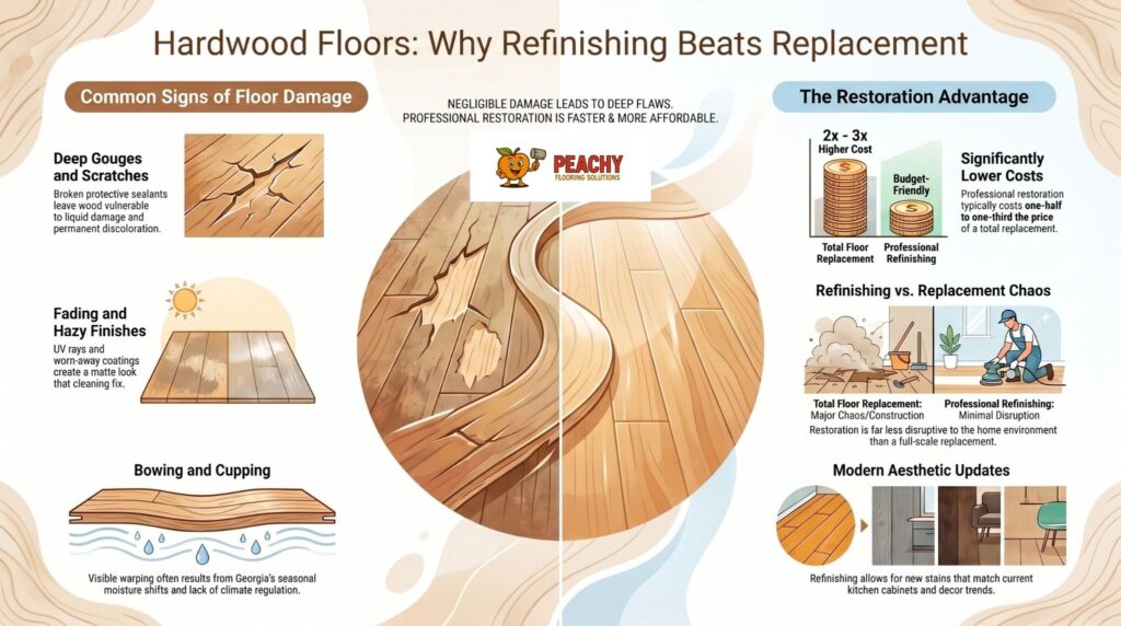 Infographic by Peachy Flooring Solutions explaining why North Druid Hills, GA hardwood floor refinishing is better than replacement, highlighting cost savings, lower disruption, and aesthetic updates.