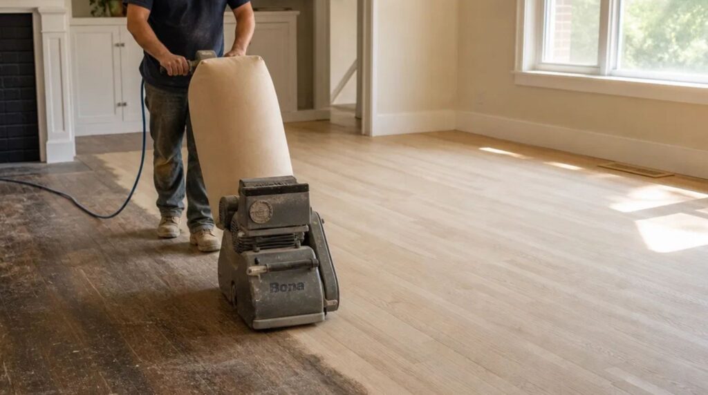 Professional contractor sanding an old oak hardwood floor, showing the refinishing process in North Druid Hills, GA.
