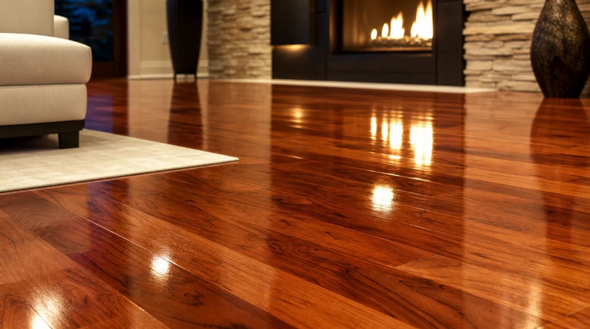 Close-up of a gleaming, newly refinished cherry hardwood floor reflecting light in a modern North Druid Hills, GA home.
