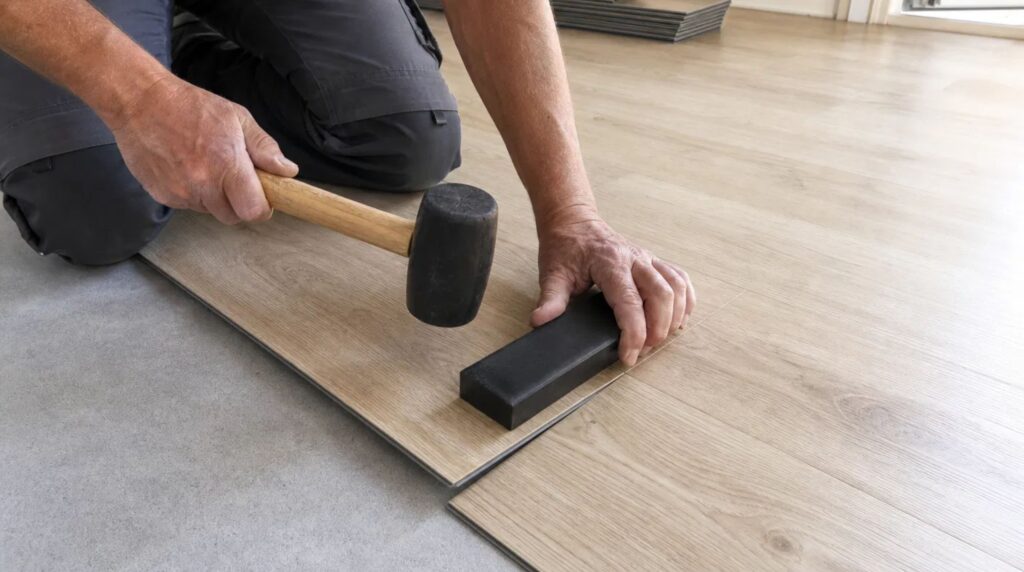 Professional craftsman performing a North Druid Hills, GA LVP Installation on a residential subfloor.