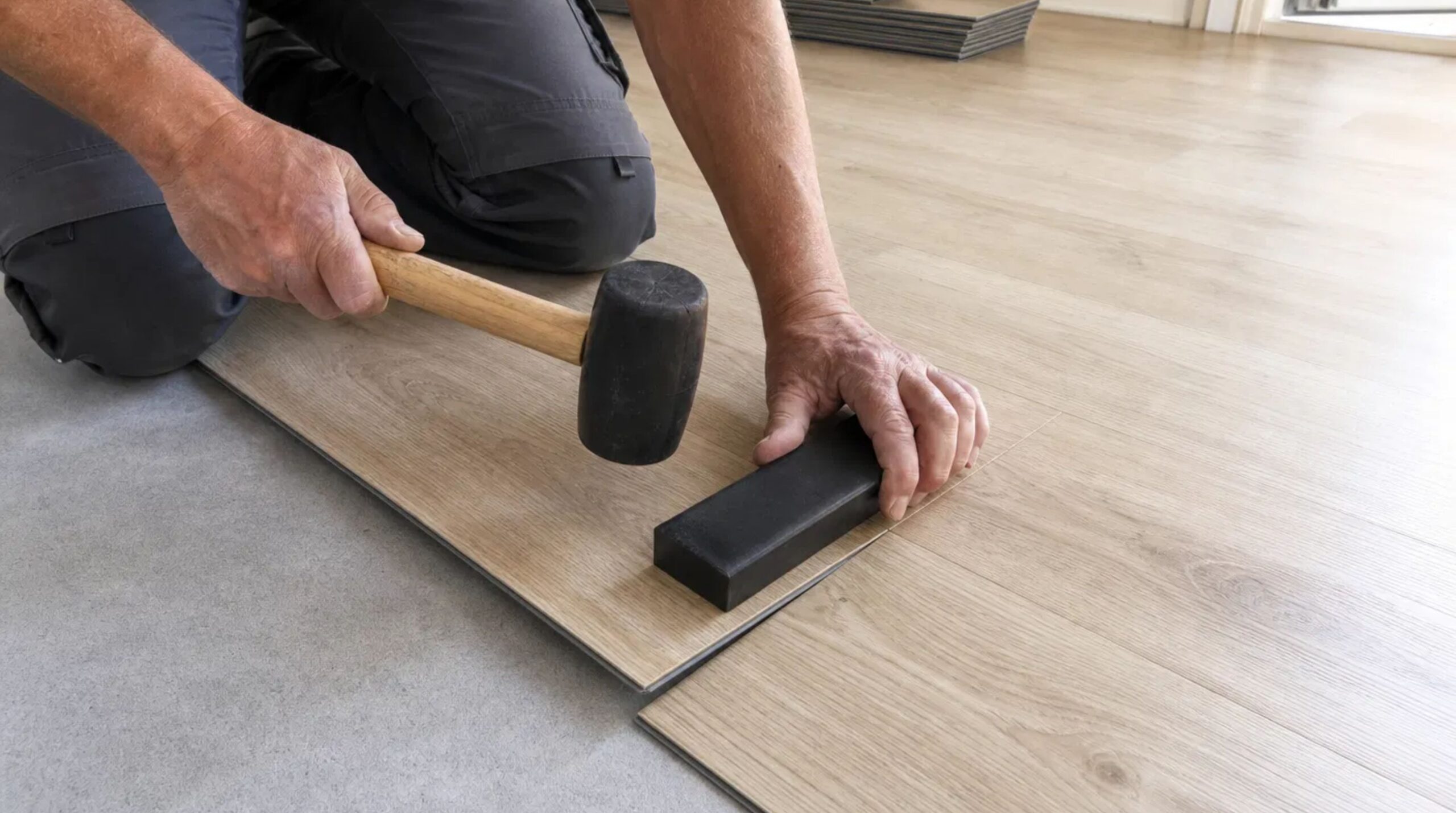 Professional craftsman performing a North Druid Hills, GA LVP Installation on a residential subfloor.