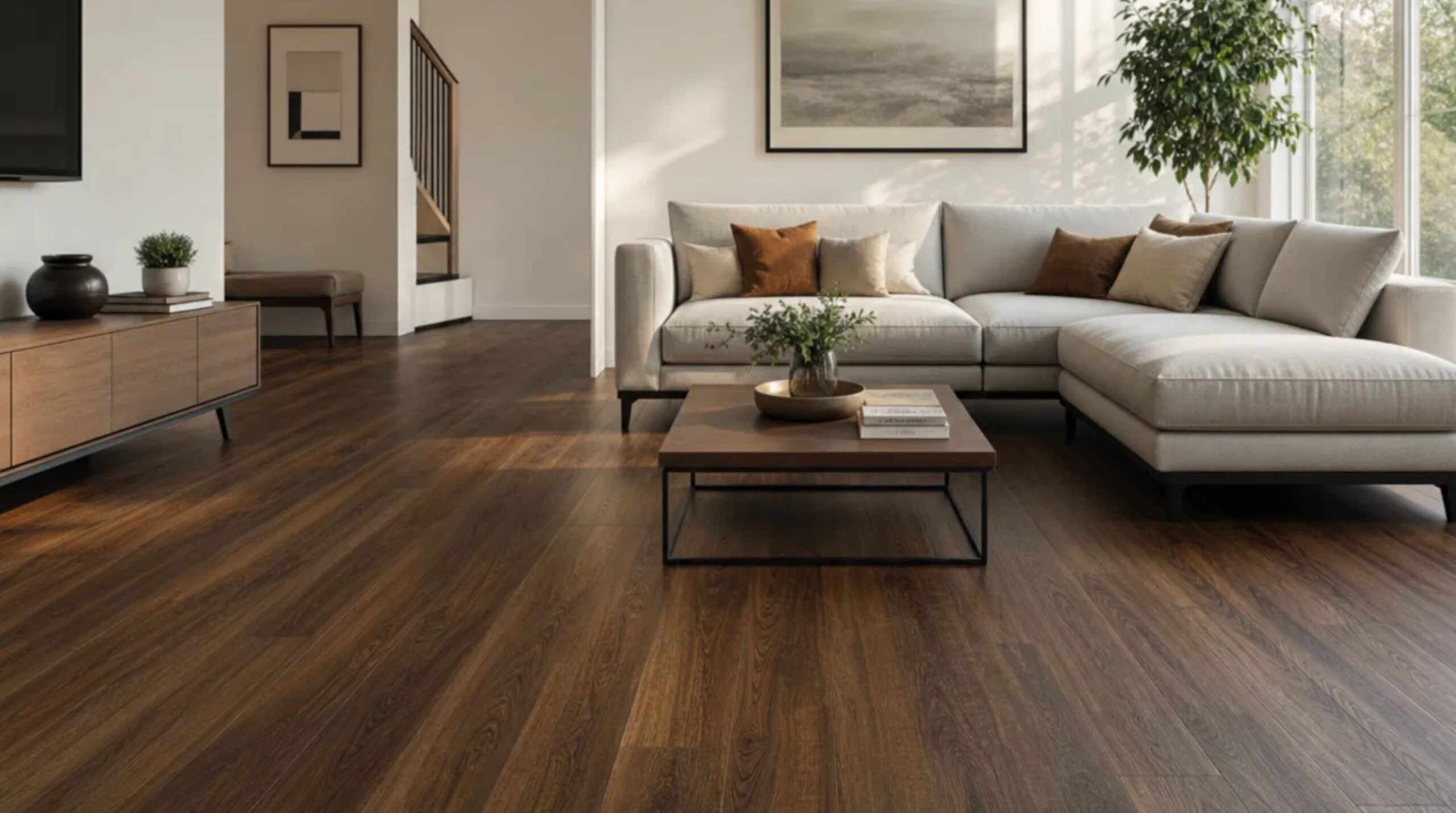 Stunning finished living room featuring a high-end North Druid Hills, GA LVP Installation with a dark walnut finish.