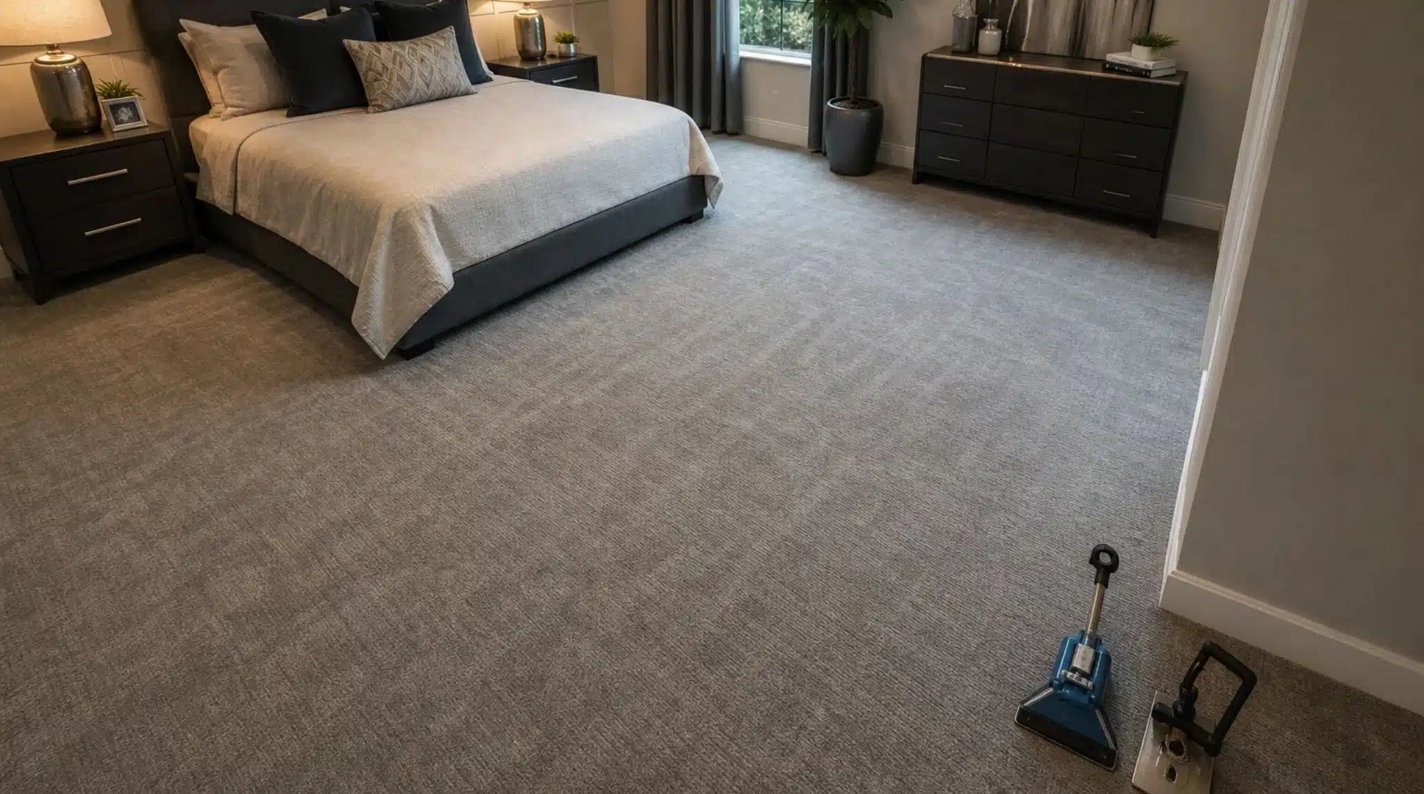 Beautifully finished grey carpet installation in a Peachtree Corners, GA bedroom.