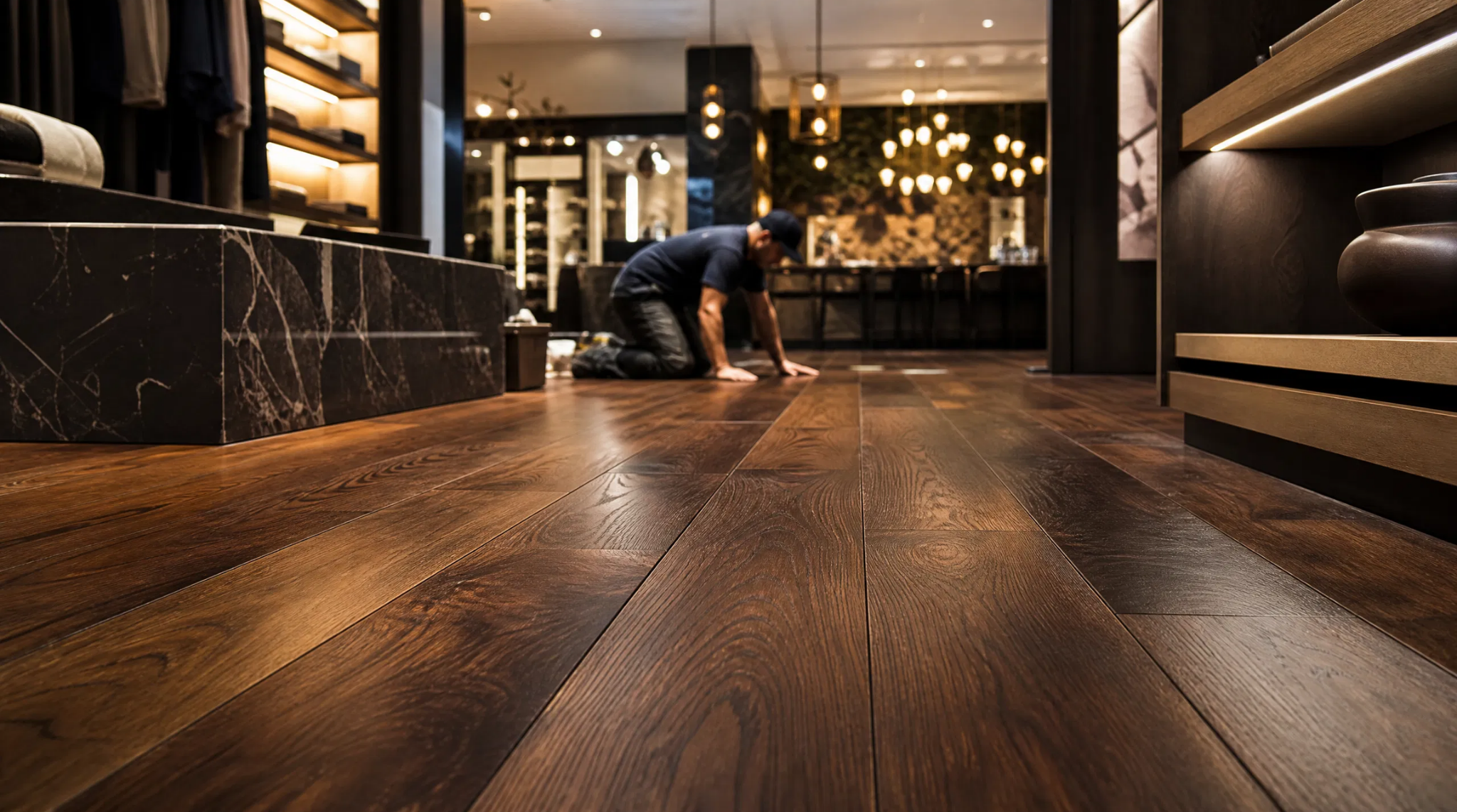 High-end commercial hardwood flooring installation for retail in Peachtree Corners, GA.
