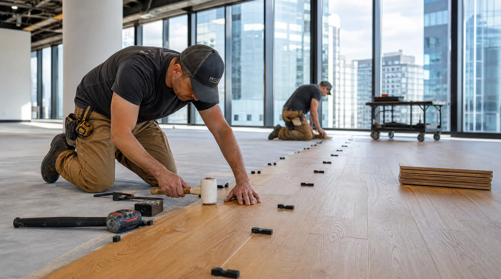 Professional commercial hardwood flooring installation in Peachtree Corners, GA office space.