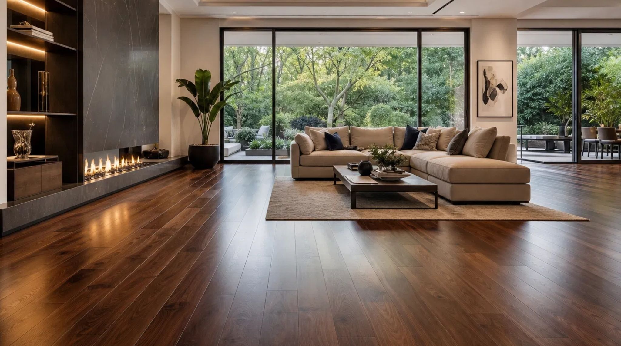 Beautifully finished dark walnut hardwood floor in a modern living room in Peachtree Corners, GA.