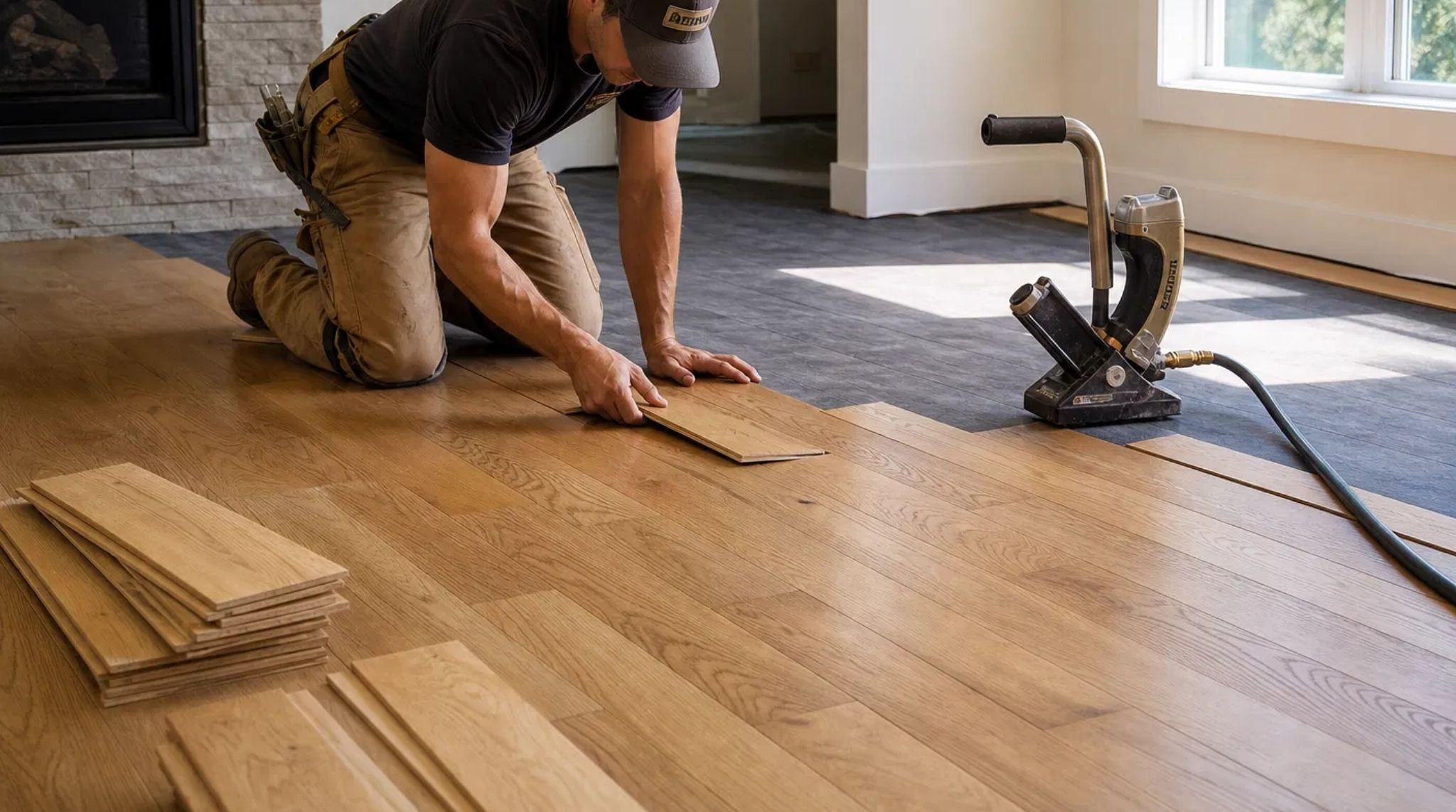 Professional hardwood floor installation in progress in Peachtree Corners, GA.