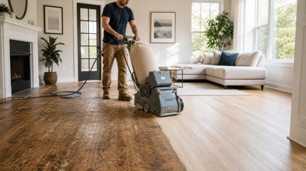 Professional sanding of an oak hardwood floor in Peachtree Corners, GA, revealing new wood beneath the worn surface for refinishing.