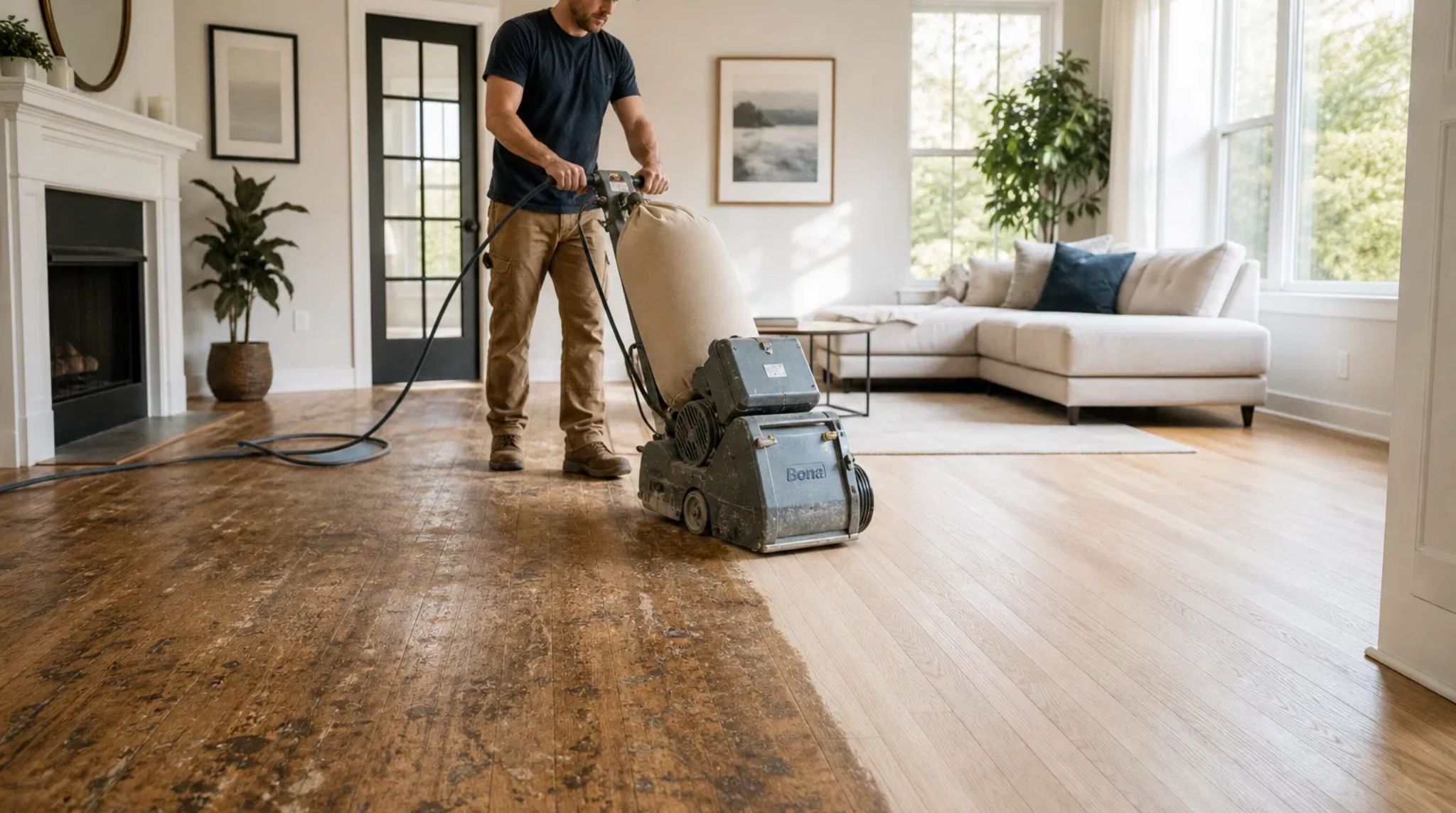 Professional sanding of an oak hardwood floor in Peachtree Corners, GA, revealing new wood beneath the worn surface for refinishing.