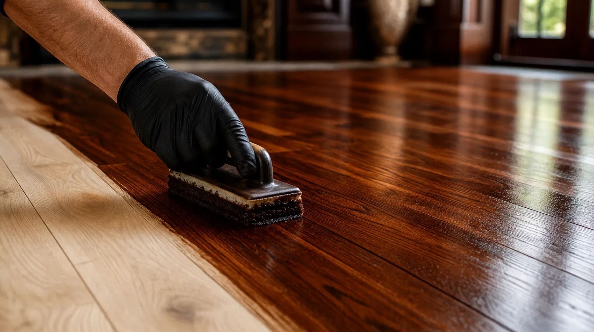 Applying a rich mahogany stain to a freshly sanded hardwood floor during refinishing in Peachtree Corners, GA.