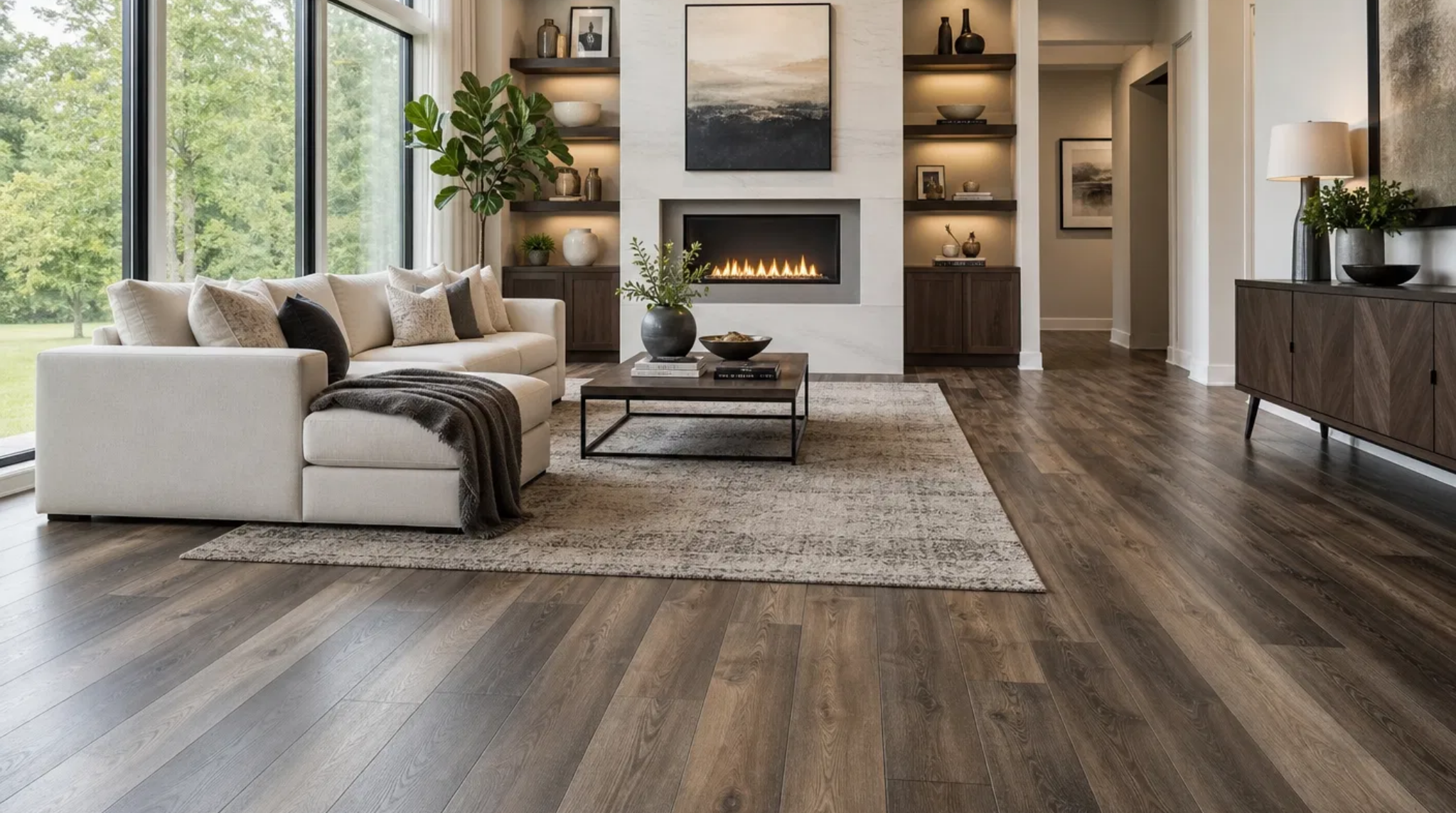 A modern living room featuring a stunning finished Peachtree Corners, GA LVP Installation.